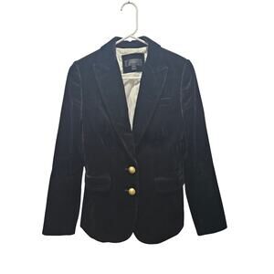 J. Crew Black Velvet One Button Blazer Jacket Gold Crest Button Sz 0 Women's